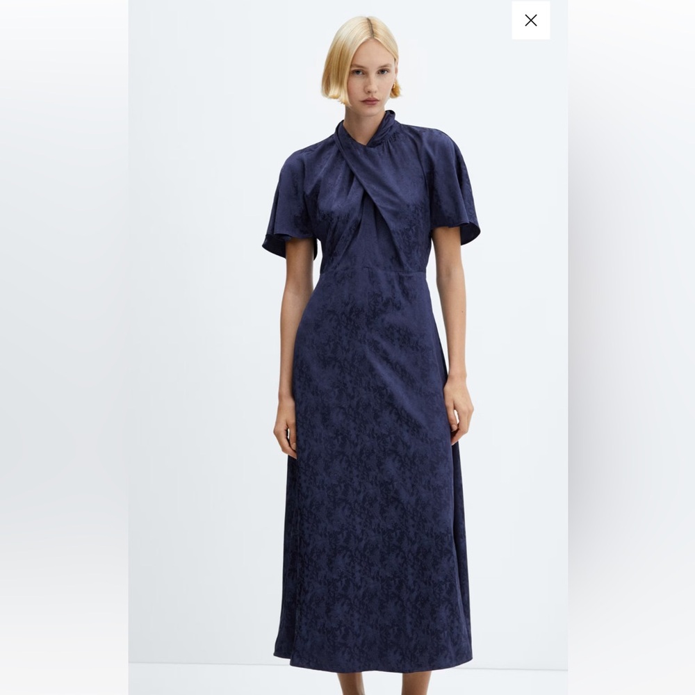 Mango Cross-Neck Jacquard Dress (Navy Blue)